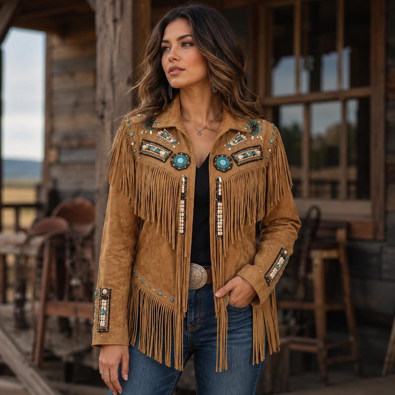 May include: A tan suede jacket featuring long fringe detailing on the chest and sleeves, adorned with intricate beadwork and turquoise-colored accents. The jacket includes a collar, long sleeves, and a button-down front, worn over a black top.