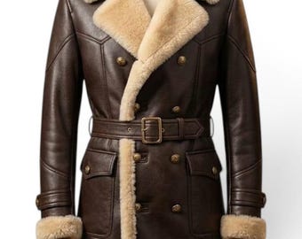 Brown Shearling Leather Aviator Coat | Double Breasted Belted Sheepskin Jacket