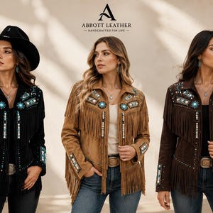 May include: Three suede jackets in black, tan, and dark brown, each featuring long fringe detailing, turquoise and silver-toned beadwork on the chest and sleeves, a collared neckline, and a front button closure. The text Abbott Leather is visible.