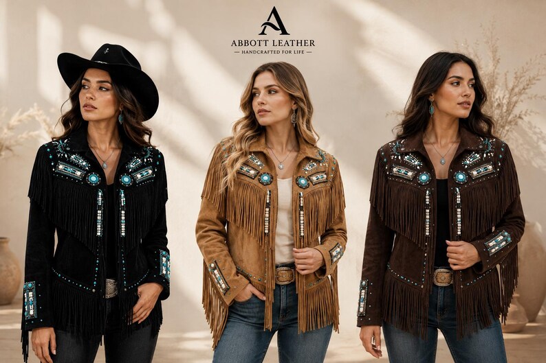 May include: Three suede jackets in black, tan, and dark brown, each featuring long fringe detailing, turquoise and silver-toned beadwork on the chest and sleeves, a collared neckline, and a front button closure. The text Abbott Leather is visible.