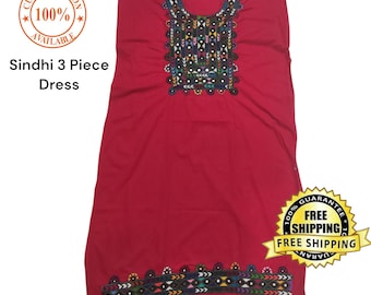 Sindhi 3 Piece Dress Set – Handmade Traditional Embroidered Suit, Ethnic Pakistani Indian Outfit, Dupatta, Kameez & Shalwar
