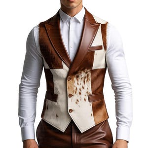May include: A vest featuring a patchwork design of brown and white cowhide panels with smooth brown leather lapels and trim. The vest has three brown buttons, two side pockets, and is worn over a crisp white long-sleeved shirt and brown trousers.