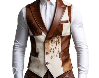 Men's Hair-On Cowhide Leather Vest, Western Cowboy Waistcoat, Handmade Full Grain Accents
