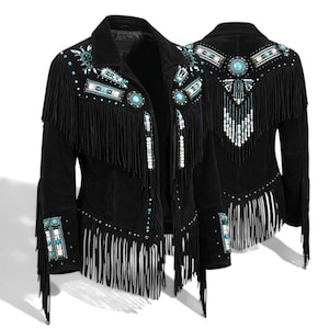 May include: A black suede jacket featuring long fringe detailing along the chest, sleeves, and hem. The jacket is adorned with intricate beadwork and turquoise-colored stones arranged in geometric patterns across the shoulders, cuffs, and back.