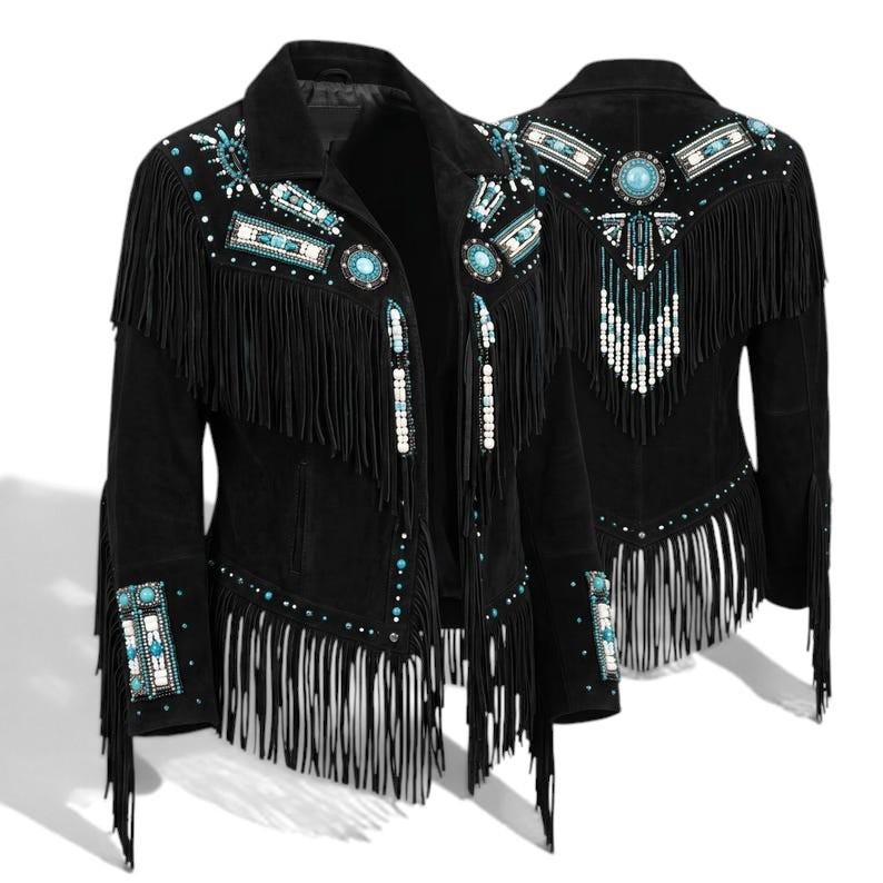 May include: A black suede jacket featuring long fringe detailing along the chest, sleeves, and hem. The jacket is adorned with intricate beadwork and turquoise-colored stones arranged in geometric patterns across the shoulders, cuffs, and back.