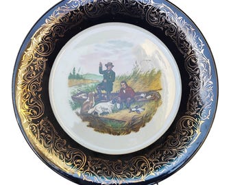 Vintage verzamelbord met wilde eend schieten | Kobaltblauw goud verguld porseleinen display
