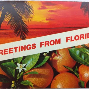 Postal vintage de Florida, década de 1970 / Atardecer en Orlando y naranjas / Envío al Reino Unido / Efímera de viaje retro / Sellos de EE. UU. / Tarjeta coleccionable