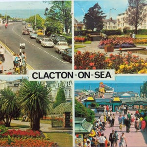 Vintage Clacton-on-Sea-briefkaart uit 1973, VK | Kleurmeester | Souvenir kust Essex | Geschreven en gestempeld | Brits verzamelobject aan zee