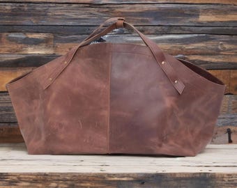 Full Grain Leather Firewood Carrier | Rustic Log Tote Bag, Heavy Duty Holder