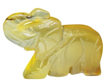 Yellow Agate Elephant Figurine – Hand Carved Crystal Animal Totem, Miniature Gemstone Decor, Pocket Statue, 36mm Good Luck Gift