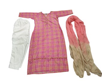 Preloved, Pink Checkered Kurti Set, White Pants, Dupatta, Boho, Ethnic Wear, Cotton Suit, Indian Pakistani Outfit, Women's Wear, Size M