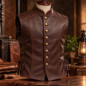 May include: A dark brown leather vest featuring a high mandarin collar, a front placket with eight round brass buttons, and side panels with adjustable cord lacing. The garment is constructed with visible vertical seams and structured paneling.