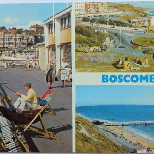 Carte postale vintage Boscombe des années 1970, Royaume-Uni - Vues côtières de la jetée de la plage - Postée de Bournemouth à Letchworth - Carte de voyage britannique rétro
