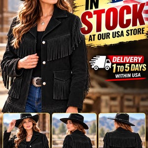 May include: A black jacket featuring long fringe detailing on the chest, sleeves, and back. The jacket has a collared neckline, silver-toned button closures, and two front pockets with flaps. It is worn with a black hat and blue jeans.
