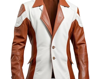 Handmade Sheepskin Leather Blazer Jacket, Brown White Color Block Belted Coat
