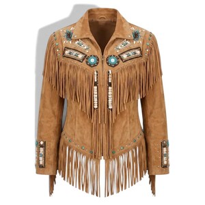 May include: A tan suede jacket featuring long fringe detailing across the chest and hem. The garment is embellished with turquoise, white, and brown beads, along with metallic studs arranged in geometric patterns on the shoulders and cuffs.