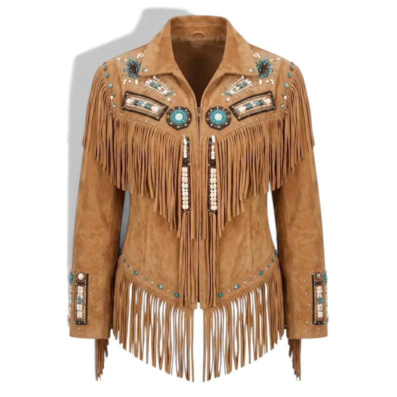 May include: A tan suede jacket featuring long fringe detailing across the chest and hem. The garment is embellished with turquoise, white, and brown beads, along with metallic studs arranged in geometric patterns on the shoulders and cuffs.