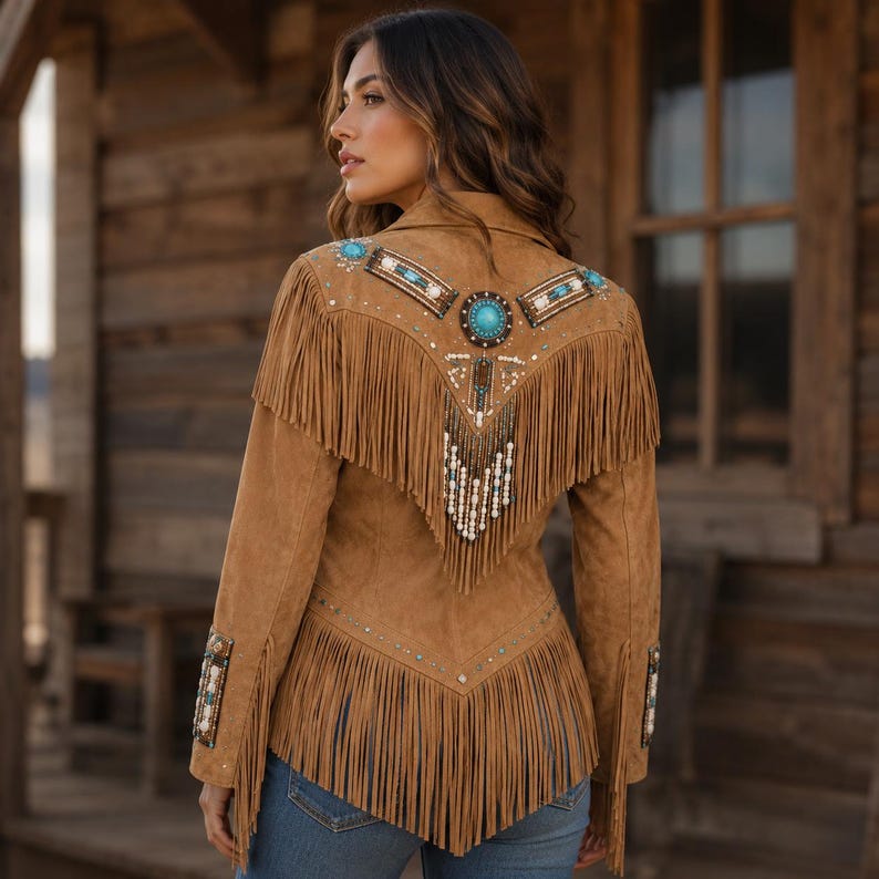 May include: A tan suede jacket featuring long fringe detailing along the back yoke and hem. The back is embellished with a central turquoise stone, intricate beadwork in shades of blue, white, and brown, and dangling beaded fringe accents.