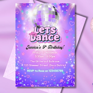 Disco Birthday Party Invitation, Dance Party Girls Invite, Neon Party, Glow Party, Download Printable Canva Template, EDITABLE