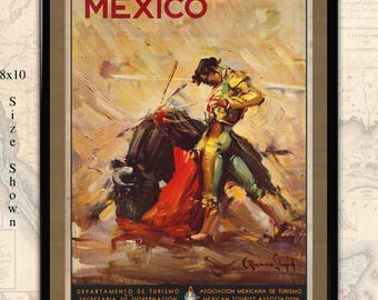May include: Vintage art print of a bullfight scene in Mexico. The poster features a matador in a gold and green suit, facing a black bull. The word "MEXICO" is in red at the top. The print is framed in black and brown.