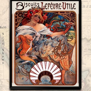 May include: Vintage poster advertising Biscuits Lefèvre-Utile. A woman in a flowing white dress with red flowers in her hair holds a plate of biscuits. The poster is in Art Nouveau style with a decorative border and a large, ornate circle in the center.