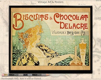 Do druku Art Nouveau | Biscuits & Chocolate Delacre | Plakat w stylu Art Nouveau w stylu vintage, wersja cyfrowa do pobrania w celu wydrukowania w domu.