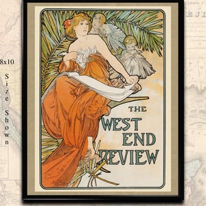 Op de afbeelding: Een vintage poster voor "The West End Review" met een vrouw in een vloeiende oranje jurk die een boek vasthoudt. De vrouw wordt omringd door palmbladeren en twee engelen. De poster is in Art Nouveau-stijl.