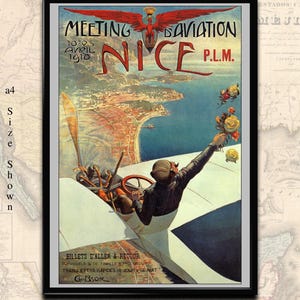 May include: Vintage aviation poster titled "Meeting Aviation Nice" featuring a biplane and a coastal city view. The poster includes the date "Avril 1910" and the text "BILLETS D'ALLER & RETOUR". The artwork is framed in black.