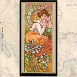 Könnte beinhalten: Ein gerahmter Vintage-Kunstdruck mit einer sitzenden Frau in einem orangefarbenen Kleid, mit floralem Design und dekorativem kreisförmigen Hintergrund. Der Druck trägt die Aufschrift "Vintage Art & Posters" und die Größe ist 5x10. Der Text "For Example Only. Item is sold un-framed" ist ebenfalls sichtbar.