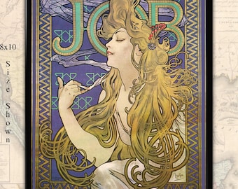 job cigarette papers alphonse mucha Mucha Art Nouveau Print: Job Cigarette Papers 1896, Bohemian Decor Wall Art