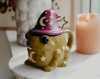 Cottagecore Frog Moon and Star Mug with Gold Star Spoon