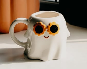 Hippie Halloween 60s Ghost Sunglasses Mug | Summerween Home Decor | Sunflower Halloween Spring Witch Gift