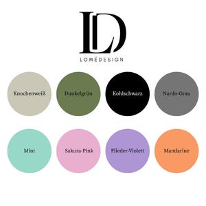 Puede incluir: Gr&aacute;fico con el texto "LOM&Eacute;DESIGN" y ocho muestras de color. Las muestras incluyen Knochenwei&szlig;, Dunkelgr&uuml;n, Kohlschwarz, Nardo-Grau, Mint, Sakura-Pink, Flieder-Violett y Mandarine.