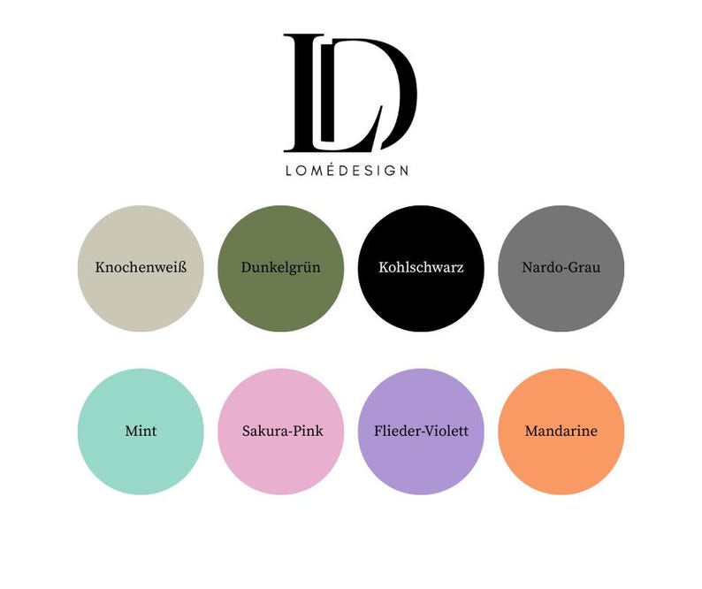 Puede incluir: Gr&aacute;fico con el texto "LOM&Eacute;DESIGN" y ocho muestras de color. Las muestras incluyen Knochenwei&szlig;, Dunkelgr&uuml;n, Kohlschwarz, Nardo-Grau, Mint, Sakura-Pink, Flieder-Violett y Mandarine.