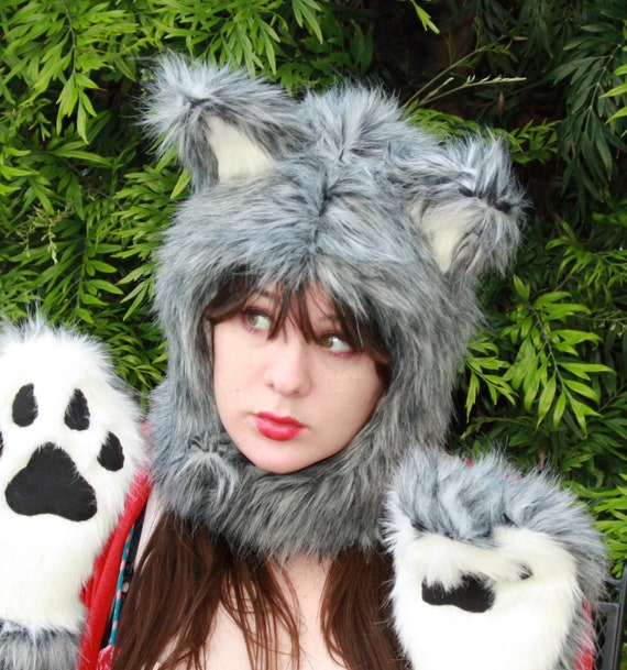 Items similar to Gorgeous Fluffy Grey Husky Wolf Dog HOOD - Cosplay ...