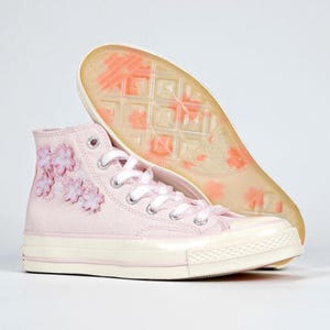 Custom Pink High Top Converse with Floral Embroidery | Wedding Sneakers for Bride | Hand Embroidered Shoes | Romantic Bridal Gift