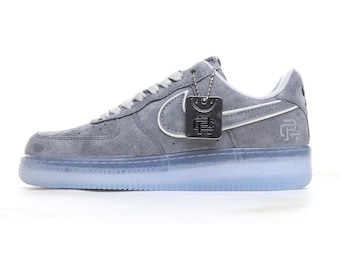 Custom Grey Suede Air Force 1 Sneakers: Handmade Crystal Sole Trainers