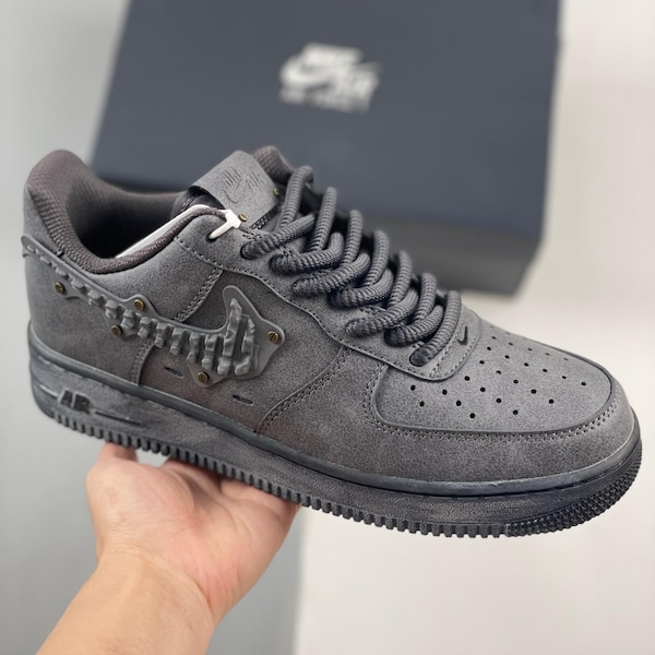 Custom Gray Air Force 1 Shoes, 3D Swoosh Sneakers, Handcrafted Suede AF1, Streetwear Custom Shoes, Unique Gift for Sneakerheads