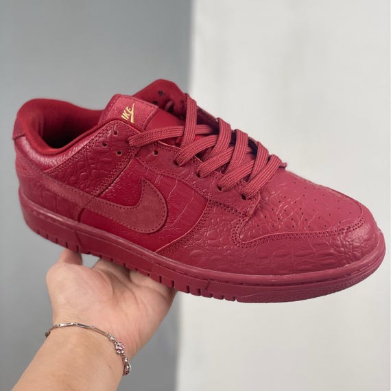 Red Croc Dunk SB Sneakers, Handmade Embossed Leather Shoes