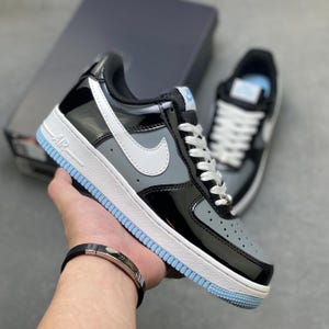 Custom Black Glossy Air Force 1 Shoes | Gray Detail Unisex Sneakers | Handmade Shiny AF1 | Trendy Streetwear Gift for Him & Her