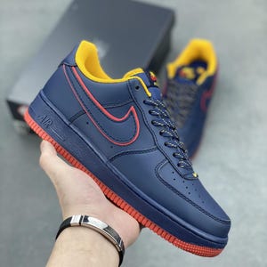 Custom Navy AF1 Sneakers: Hand-Painted Sunset Accent, Unisex Streetwear