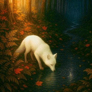 Ilustración de un zorro de Mabon con un arroyo otoñal y luna creciente: arte de brujería, bosque místico, hojas otoñales, fondo para smartphone - Descarga digital