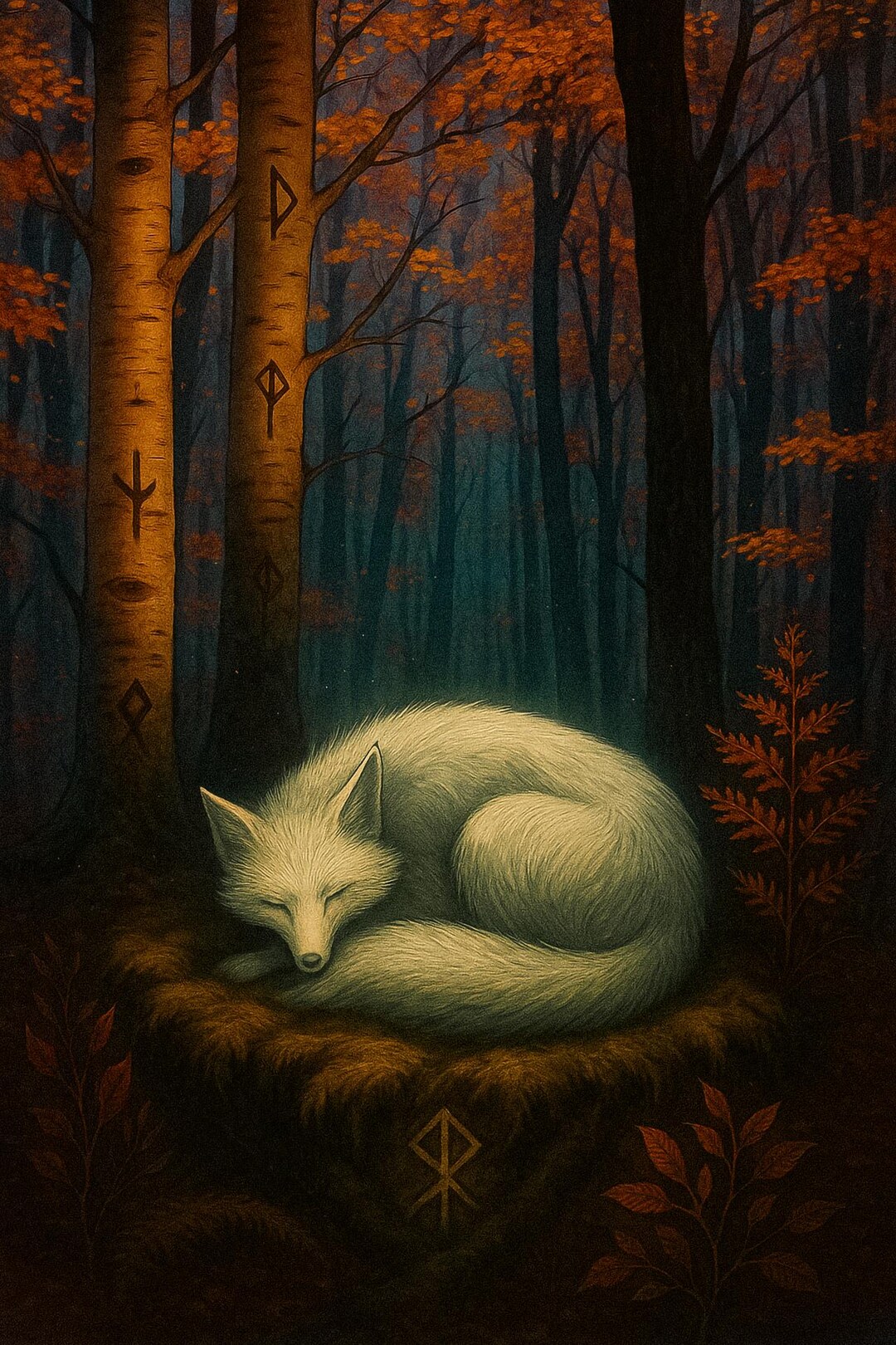Fox Rune Drawing White Fox in an Autumn Forest Illustration - Forest Illustration With ...