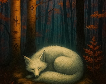 Weißer Fuchs im Herbstwald Illustration -  Wald Illustration mit Runen, Herbst Fuchs im Wald, Smartphone Hintergrund - Digitaler Download
