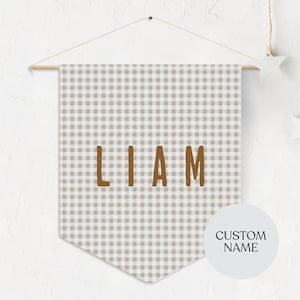 Gingham Hanging Pennant Flag for Nursery Custom Name Banner Toddler Boy Bedroom Decor Kid Room Pennant Banner Personalized Hanging Flag