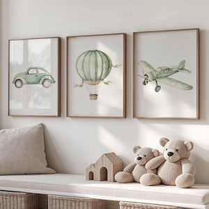 Sage Green Airplane Nursery Decor Hot Air Balloon Printable Decor Above Crib Wall Decor Vintage Airplane Print for Nursery Travel Print