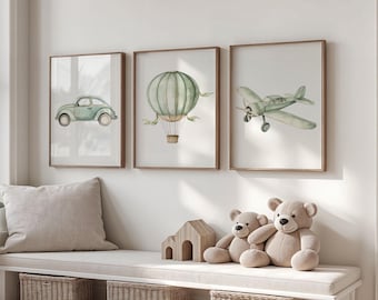 Sage Green Airplane Nursery Decor Hot Air Balloon Printable Decor Above Crib Wall Decor Vintage Airplane Print for Nursery Travel Print