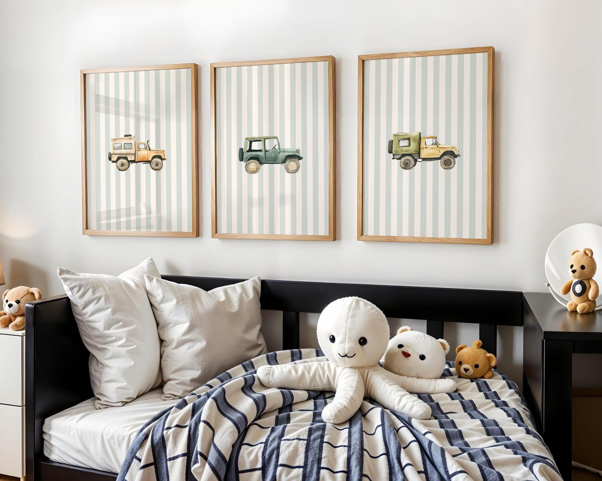 Rustic Dusty Sage Green Boy Nursery Print Set of 3 Vintage Car Poster for Toddler Boy Room Transportation Wall Decor for Striped Nursery Art