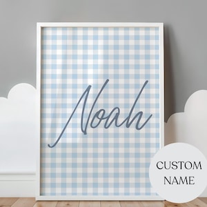 Blue Gingham Name Print Nursery Boy Custom Name Wall Art Printable Newborn Gift Personalized Baby Boy Wall Decor Preppy Nursery Artwork Boy