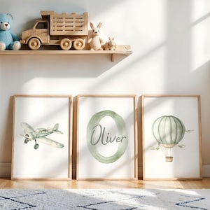 Sage Green Airplane Nursery Decor Hot Air Balloon Printable Decor Above Crib Wall Decor Vintage Airplane Print for Nursery Travel Print